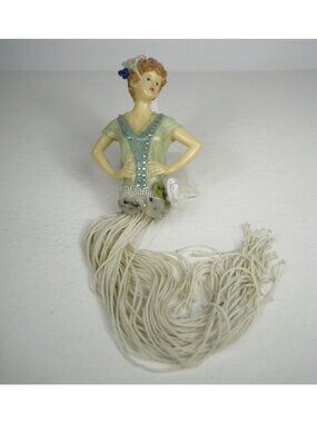 Vintage Boudoir Tassel Doll Figurine Green Dress Plastic Half Doll